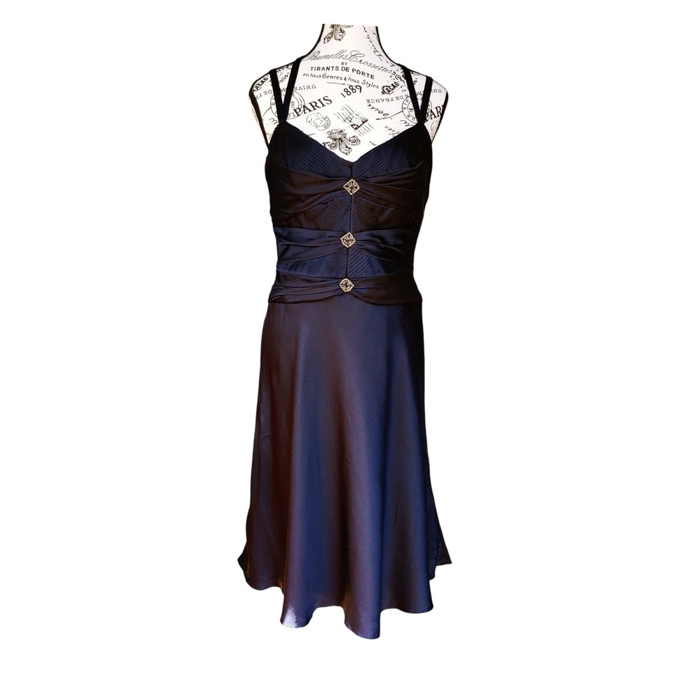Badgley Mischka Silk Dress Women 10 Navy Blue Midi Fit & Flare Cocktail Evening